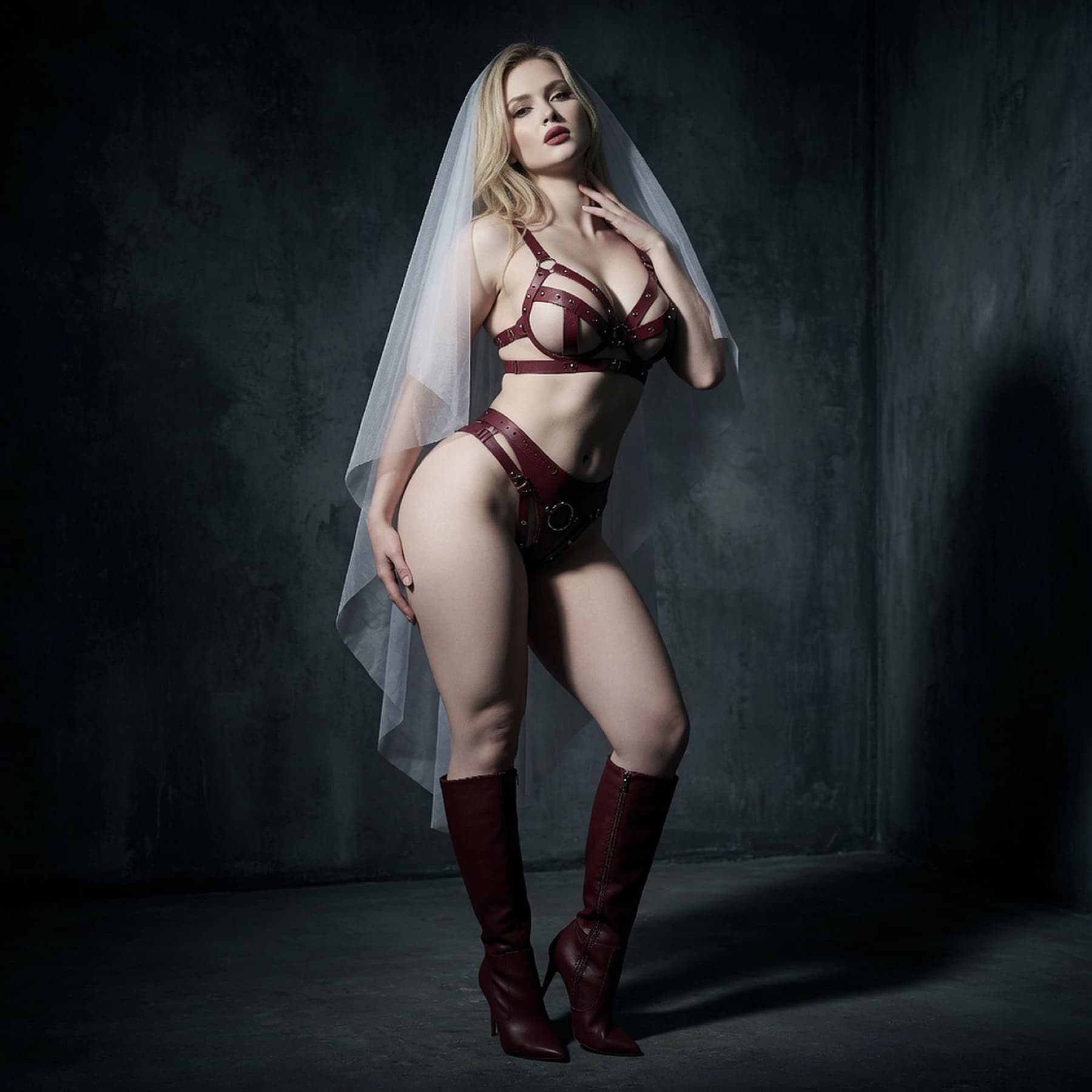 Woman wearing oxblood full-grain leather harness set for play